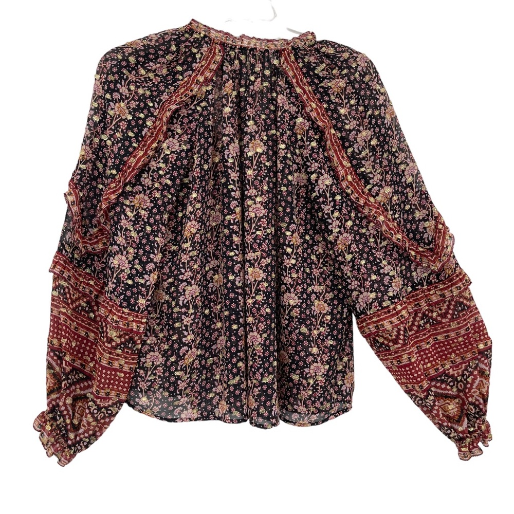 Ulla Johnson Black Floral Boho Peasant Blouse with Red Accents - Picture 2 of 12